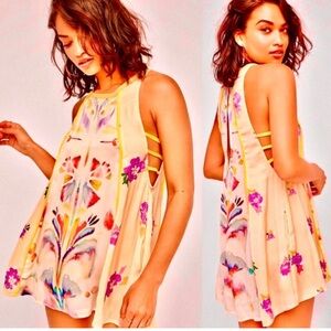 Free People Bohemian Watercolor Swing Mini Dress Cutout Sides And Back W/ Scarf